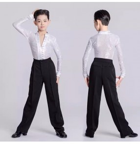Boys kids white black lace latin dance shirts ballroom professional gemstones long sleeves latin stage performance competition dancing tops and long trousers